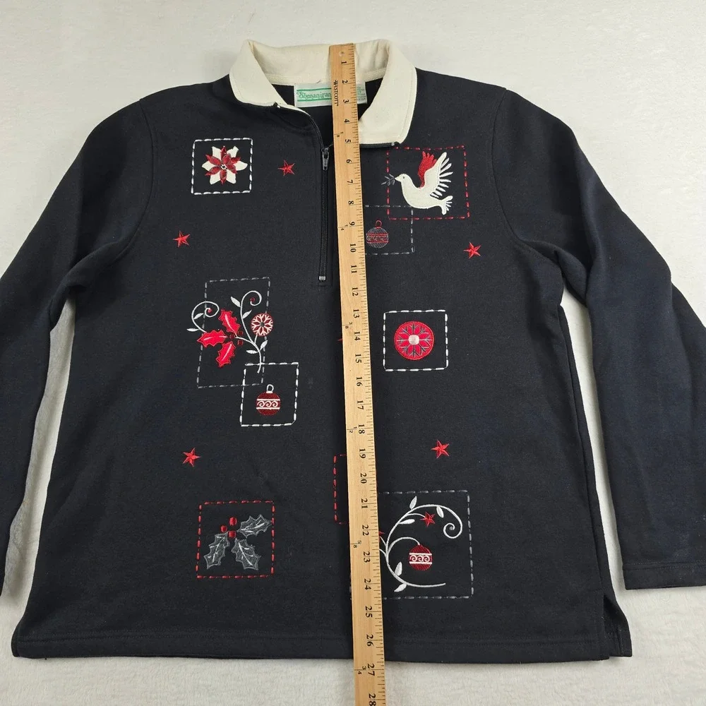 Shenanigans‎ Womens Large Embroidered Christmas Quarter Zip Pullover Sweater